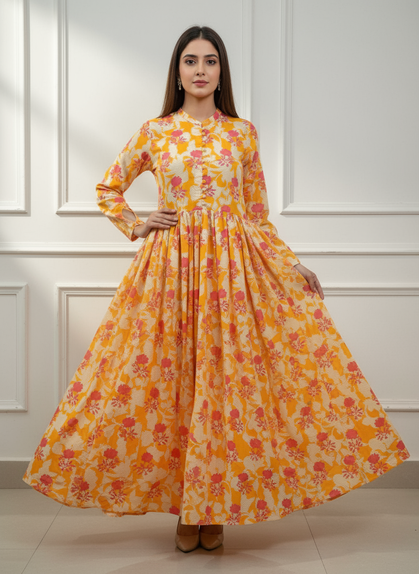 Orange Sunset Glow Lawn Frock- 1PC - Image 4