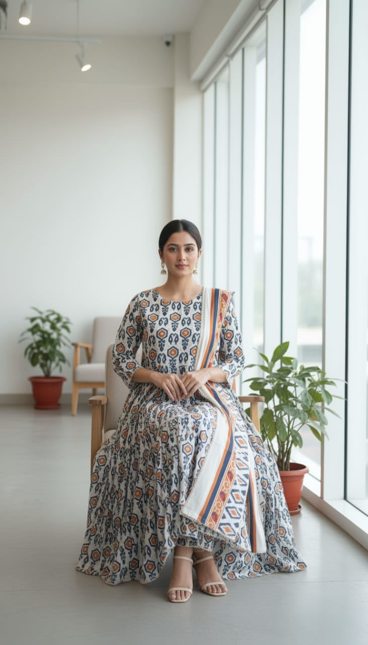 Soft Beige Printed Dress- 2PC - Image 4