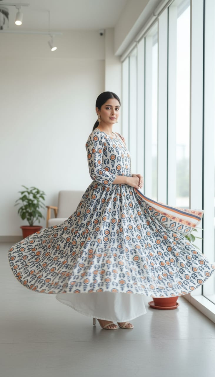 Soft Beige Printed Dress- 2PC - Image 3