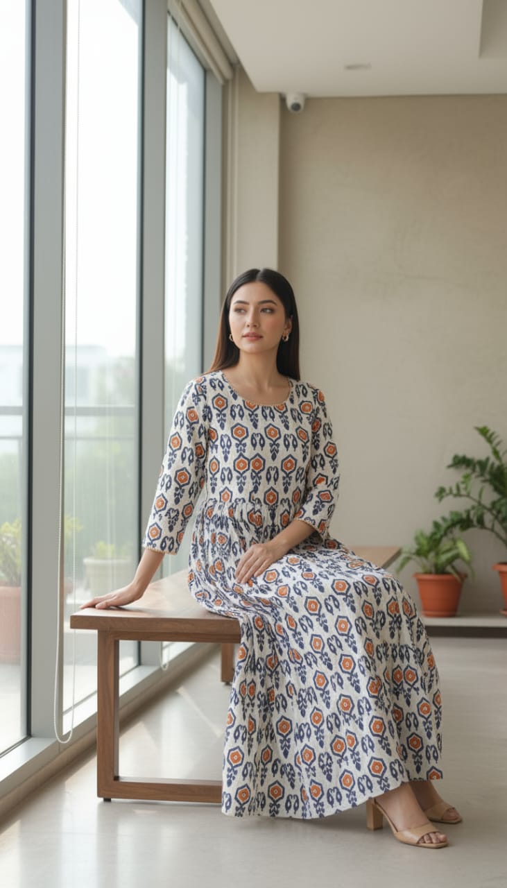 Soft Beige Printed Dress- 2PC - Image 5